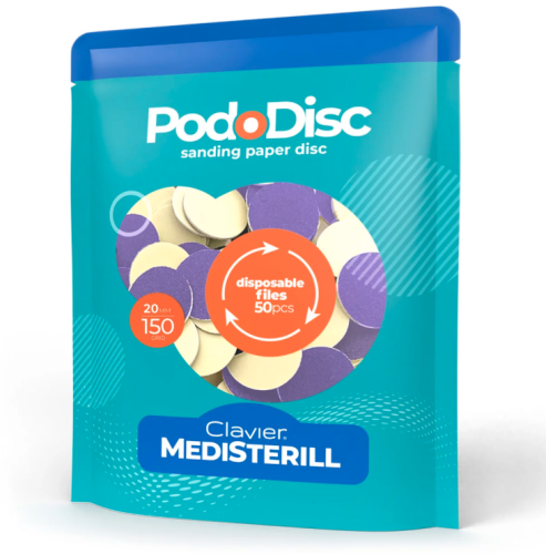 Nakładki Ścierne, Clavier, Medisterill, Tarcze wymienne PodoDisc do Pedicure gradacja 20mm, 150 grit, 50szt, fioletowe.webp
