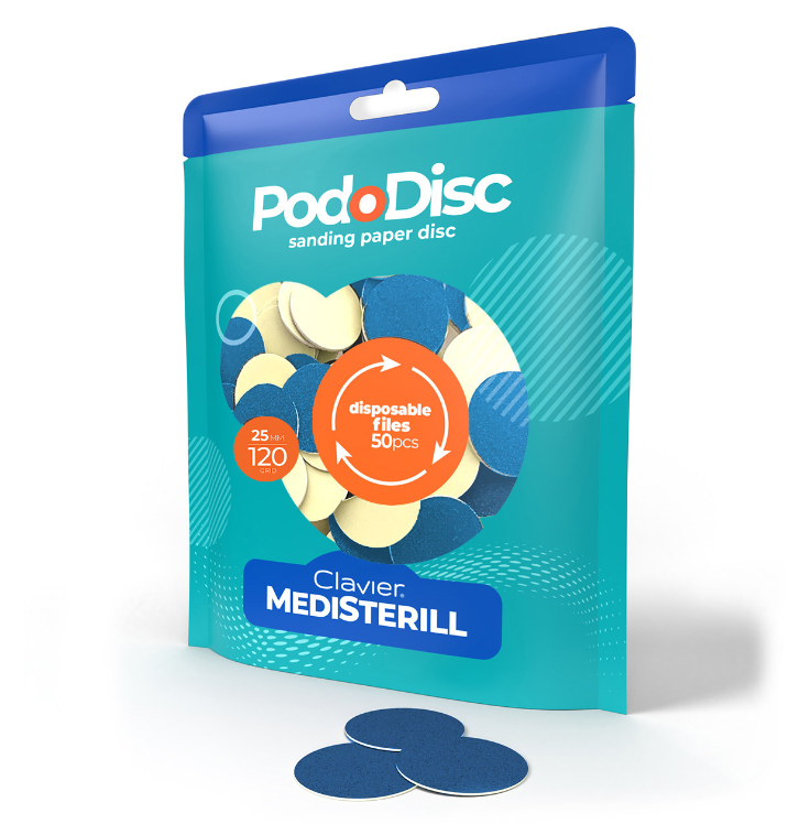 Nakładki ścierne do pedicure Clavier, Medisterill, Tarcze wymienne PodoDisc, 25mm, 120 grit, 50szt, niebieskie.webp